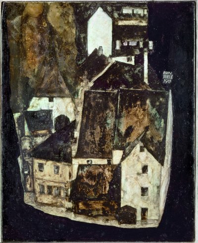 Tote Stadt III (Stadt am blauen Fluss III) [Död stad Iii (Staden vid den blå floden III)], ... (olja och gouache på trä) av Egon Schiele