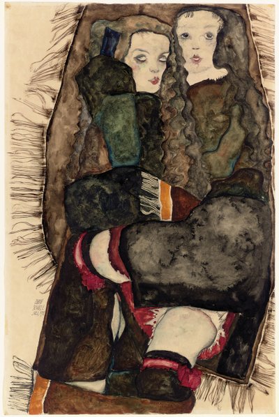 Två flickor på en fransad filt; Två flickor på en fransfilt, 1911 av Egon Schiele