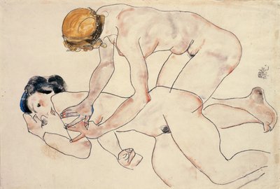 Två kvinnliga nakenbilder, liggande och knästående av Egon Schiele