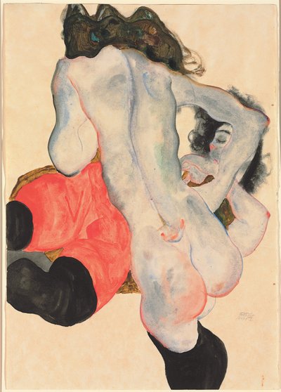 Kvinna med röda byxor och stående kvinnlig naken; Liggande kvinna med röda byxor och stående kvinnlig naken, 1912 av Egon Schiele