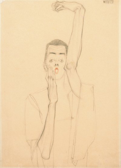 Ung man med höjd arm och röd mun; Självporträtt med upphöjd vänster arm och röd mun, 1909 av Egon Schiele