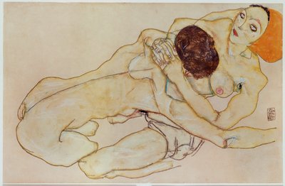 Två flickor - Kärleksfullt par ... (gouache och blyerts) av Egon Schiele
