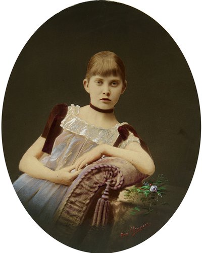 Porträtt av en flicka. Silvergelatinfotografi, Gouache av Egor Maximovich Ovcharenko (?-1902) av Egor Maximovich Ovcharenko