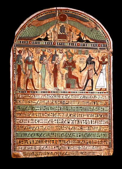 Egyptisk antikvitet: en översteprästs begravningsstele: Osiris välkomnar den avlidne närvarande i Anubis, bakom honom gudarna Isis, Nephtis (Nephtys eller Neftis), Horus, Hathor. 3:e-2:a århundradet f.Kr. turin, egyptiskt museum - egyptiska antikviteter: b av Egyptian