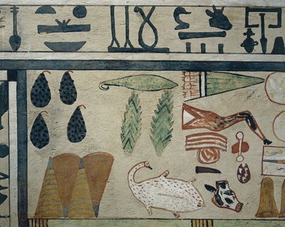 Paneldetalj som representerar olika materbjudanden, från Sarcophagus of Irinimenpu av Egyptian 12th Dynasty