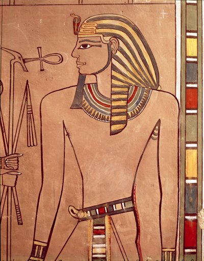 Amenhotep II (c.1427-1392 f.Kr.) med en ankh som höjs till sina läppar, från sarkofagkammaren i hans grav, New Kingdom (målad kalksten) av Egyptian 18th Dynasty