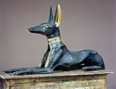Anubis, egyptisk gud för de döda från en kista i form av en helgedom, från Tutankhamons grav (ca 1370-52 f.Kr.) Nya kungariket (trä) (se även 63054) av Egyptian 18th Dynasty