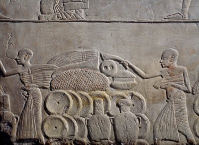 Arrangemang av livsmedel i lagerlokaler, väggrelief i kalksten, från Horemhebs memfitiska grav i Saqqara, Egyptens civilisation, Nya riket, XVIII:e dynastin av Egyptian 18th Dynasty