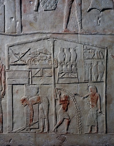 Arrangemang av livsmedel i lagerlokaler, väggrelief i kalksten, från Horemhebs memfitiska grav i Saqqara, Egyptisk civilisation, Nya riket, XVIII:e dynastin av Egyptian 18th Dynasty