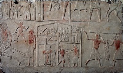Arrangemang av livsmedel i lagerlokaler, väggrelief i kalksten, från Horemhebs memfitiska grav i Saqqara, Egyptisk civilisation, Nya riket, XVIII:e dynastin av Egyptian 18th Dynasty