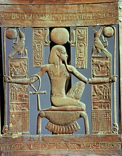 Stolsrygg från Tutankhamons grav (ca 1370-52 f.Kr.) som skildrar miljontals årens anda, New Kingdom (cederträ) (se även 227983) av Egyptian 18th Dynasty