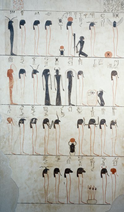 Avbildning av Litany of Ra, detalj av fresker i gravkammaren av Tomb of Tuthmosis III, Valley of Kings, Luxor, Thebe (Unescos världsarvslista av Egyptian 18th Dynasty