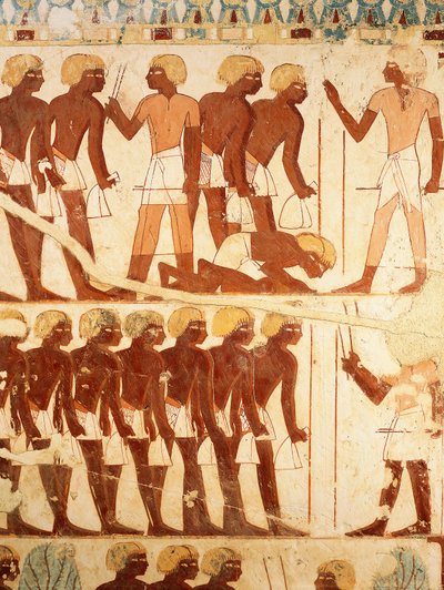 Detalj av fresker som visar armén som tar emot ransoner, från Userhats grav (TT56) av Egyptian 18th Dynasty