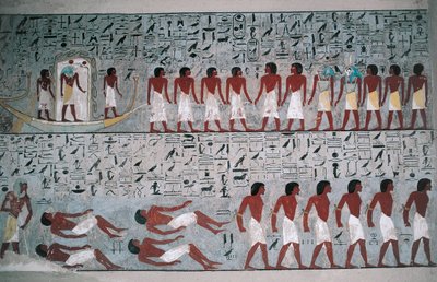 Egypten, Luxor, Konungarnas dal, Horemhebs grav, väggmålning av Egyptian 18th Dynasty