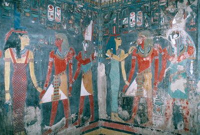 Egypten, Thebe, Luxor, Konungarnas dal, Horemhebs grav, Muralmålning föreställande Horemheb mellan gudinnan Isis och guden Horus, Nya riket, XVIII:e dynastin av Egyptian 18th Dynasty