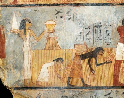 Egypten, Thebe, Unsus grav, Kvinna ger mat till arbetare på fält, väggmålning av Egyptian 18th Dynasty