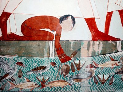 Egyptisk konst: Mennas grav. Fiskscen, detalj. En naken piga plockar en lotusblomma (18:e dynastin) Fresk av Luxor (Tebeplatsen, Sheikh Abdul-Gurnah (Gurnah), Nilens vänstra strand, Egypten. av Egyptian 18th Dynasty