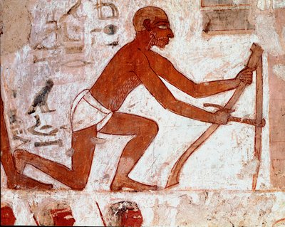 Egyptisk konst: Rekhmires grav. Ploucherarbete med sitt jordbruksredskap. Fresk av Luxor (Tebeplatsen, Sheikh Abd al-Gournahs nekropolis (Gournah), Nilens vänstra strand, Egypten. - Forntida Egypten: Rekhmires grav. En plogmans verk med sin agri av Egyptian 18th Dynasty