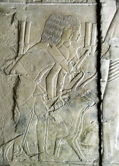 Egyptisk antikvitet: ansluter från graven av Kha em Het (Khaemhat) vindsinspektör och skrivare till Amenophis III:s hov (TT57) som representerar män som erbjuder bethuvuden som offer. 18:e dynasti. 1530-1290 f.Kr. Vallee des Nobles. Luxor, Västbanken, t.ex av Egyptian 18th Dynasty