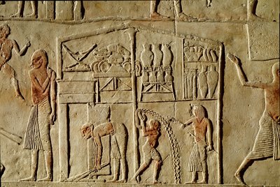 Egyptisk antikvitet: "" livsmedel lagras i lager""" Relief som dekorerar en grav av en hög tjänsteman från den 18:e dynastin. Bologna Civico Museo Archeologico av Egyptian 18th Dynasty