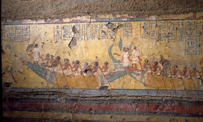 Egyptisk antikvitet: fresk av målaren Maias grav, pilgrimsfärd med båt i Abydos, citat av Osiris. 18:e dynasti. Från kapellet i Maia, Deir el-Medineh (el Medineh), New Empire Dim. 67 cm Turin, Egyptiska museet av Egyptian 18th Dynasty