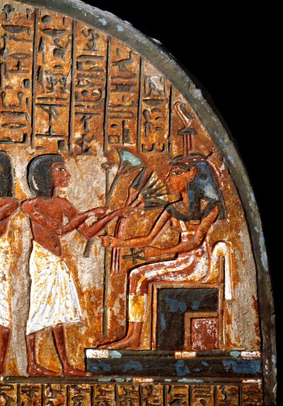 Egyptisk antikvitet: Minhoteps begravningsstele: detalj som representerar ett erbjudande av blommor till gudinnan Hathor som har livets nyckel i form av ett Ansee-kors (Ankh). 18:e dynasti. 1300-talet f.Kr. turin, egyptiskt museum av Egyptian 18th Dynasty