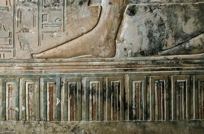 Egyptisk antikvitet: relief som representerar foten av skrivaren som lämnar graven och palatsfrisen från graven av Kha em Het (Khaemhat) vindsinspektör och skrivare vid Amenophis III:s hov (TT57). 18:e dynasti. 1530-1290 f.Kr. Vallee des Nobles. L av Egyptian 18th Dynasty