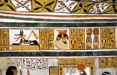 Egyptisk antikvitet: representation av Anubis, Hathor och hieroglyfer. Målning av Roys grav av Egyptian 18th Dynasty