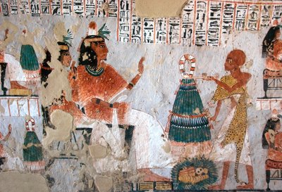 Egyptisk antikvitet: representation av Roy och hans fru Nebtawy inför en överstepräst. Målning av Roys grav (TT255). 18:e dynasti. Från västbanken av Luxor, Egypten av Egyptian 18th Dynasty