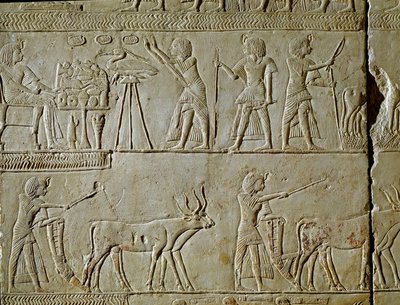 Egyptisk antikvitet: scener av arbete på fälten och offer till farao. Detalj av en relief från Horemheds (cirka 1323-1293 f.Kr.) kungliga skrivare av Tutankhamons grav. 1354-1326 f.Kr. Bologna, Civico Museo Archeologico av Egyptian 18th Dynasty