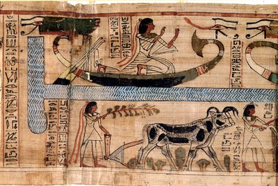 Egyptisk antikvitet: namnet på den sene Aner representerar på Osiris båt, scenen för plöjning och vägning av själar (psykostas). Papyrus från en dödsbok, 20:e dynastin, från Thebe. Turin, egyptisk museum - Forntida Egypten: de avlidnas namn av Egyptian 18th Dynasty