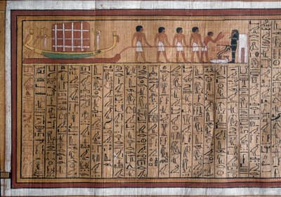 Egyptisk antikvitet: transporten av katafalken till graven. Papyrus. Boken om de döda av Kha. 18:e dynasti av Egyptian 18th Dynasty