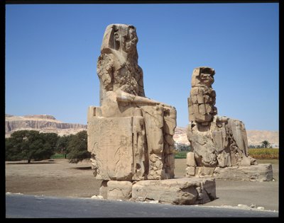 Egyptisk antikvitet: utsikt över Memnons koloss, period Amenophis III, nytt imperium av Egyptian 18th Dynasty