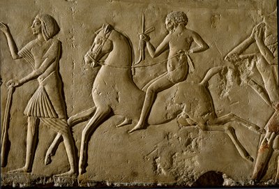 Egyptisk antikvitet: "" krigare till häst"" Relief från en hög dignitärs grav. 1354-1346 f.Kr. 18:e dynasti. Bologna, Civico Museo Archeologico av Egyptian 18th Dynasty