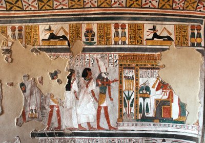 Egyptisk antikvitet: Horus guidar Roy och hans fru till Osiris. Fragment av fresk från Roys grav (TT255). 18:e dynasti. Från Västbanken i Luxor, Egypten av Egyptian 18th Dynasty