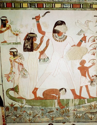 Fiske och fågelfågel i myrarna, detalj från gravkapellet i Menna, New Kingdom (väggmålning) av Egyptian 18th Dynasty