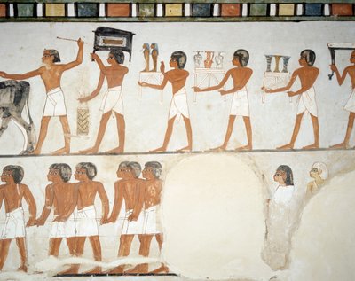 Begravningsprocessen, detalj från fresker i kapellet av Mennas grav, Sheikh Abd el Qurnah Necropolis, Luxor, Thebe (Unescos världsarvslista av Egyptian 18th Dynasty