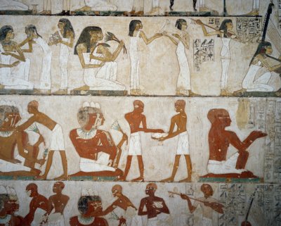 Begravningsfest med kvinnliga musiker, damer som pryder sig med smycken, män och musiker, Tomb of Rekhmire, Sheikh Abd el Qurnah Necropolis, Luxor, Thebe (Unescos världsarvslista av Egyptian 18th Dynasty