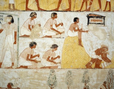 Skörda, tröska och vinna spannmål, detaljer från fresker i vestibulen av Mennas grav, Sheikh Abd el Qurnah Necropolis, Luxor, Thebe (Unescos världsarvslista av Egyptian 18th Dynasty