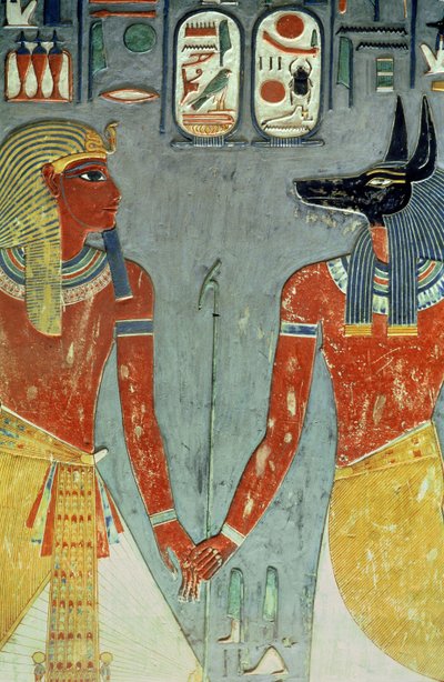 Horemheb och Anubis, från Horemhebs grav (ca 1323-1295 f.Kr.) New Kingdom (väggmålning) av Egyptian 18th Dynasty