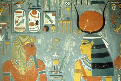 Horemheb och Hathor, från Horemhebs grav (ca 1323-1295 f.Kr.) Nya kungariket (väggmålning) (detalj av 218340) av Egyptian 18th Dynasty