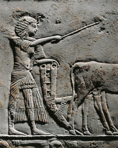 Horemheb plöjer mark på Iarus fält, relief från Horemhebs grav i Saqqara, detalj av Egyptian 18th Dynasty