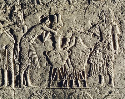 Livet i ett militärläger: arbetare som arbetar med dryckeskontroll (vin och öl), relief från Horemhebs grav i Saqqara, detalj av Egyptian 18th Dynasty