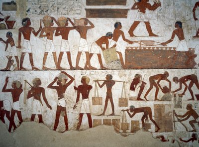 Män i arbete, detalj från freskerna i Rekhmires grav, Sheikh Abd el Qurnah Necropolis, Luxor, Thebe (Unescos världsarvslista av Egyptian 18th Dynasty