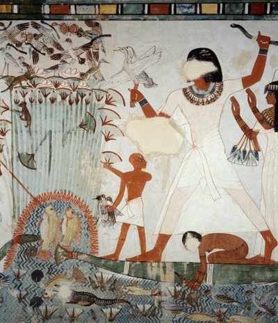 Menna och hans familj fiskar och fiskar i Nilens myrar, detalj från fresker i kapellet i Mennas grav, Sheikh Abd el Qurnah Necropolis, Luxor, Thebe (Unescos världsarvslista av Egyptian 18th Dynasty