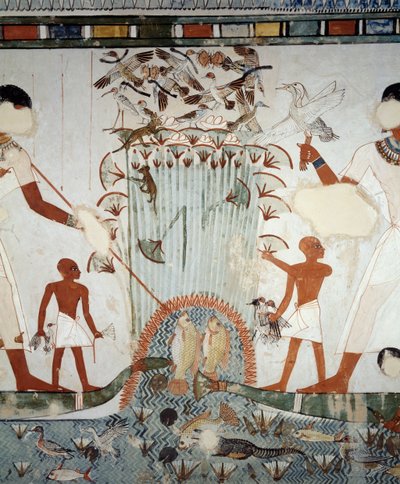 Menna och hans familj fiskar och fiskar i Nilens myrar, detalj från fresker i kapellet i Mennas grav, Sheikh Abd el Qurnah Necropolis, Luxor, Thebe (Unescos världsarvslista av Egyptian 18th Dynasty