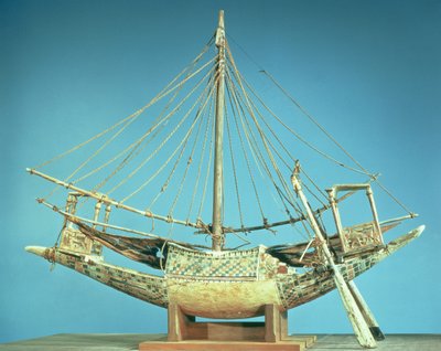 Modell av en av faraonernas båtar, från Tutankhamons grav (ca 1370-52 f.Kr.) New Kingdom (trä) av Egyptian 18th Dynasty