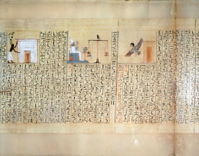 Papyrus som avbildar vägningen av hjärtat, från Maiherperis dödbok av Egyptian 18th Dynasty
