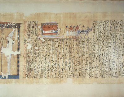 Papyrus föreställande transport av sarkofag på vagn dragen av oxe, från Maiherperis dödbok av Egyptian 18th Dynasty