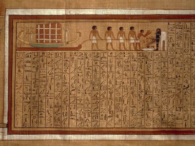 Papyrus med "Dödsbokens" hieroglyfer och polykroma illustrationer från Kha:s grav i Thebe. Nya riket, XVIII:e dynastin av Egyptian 18th Dynasty